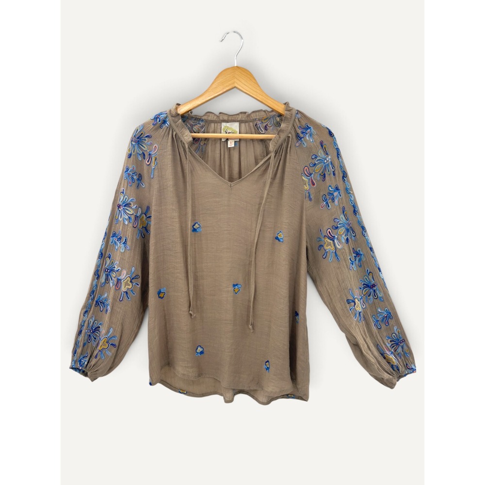 Fig and Flower Embroidered Boho Peasant Blouse S Taupe Button-slit Sleeve Hippie